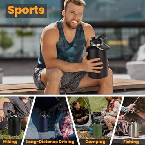 128 oz Insulated Stainless Steel Water Bottle - Sweat Proof, Great for Travel, Hiking & Camping - Black