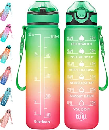 Enerbone 32 oz Motivational Drinking Water Bottle with Straw & Timer, Fitness Gym Outdoor — Green Red