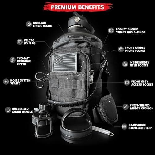 1 Gallon Insulated Stainless Steel Water Bottle - Carrying Bag - Keep Cold & Hot - Black Tactical Flask