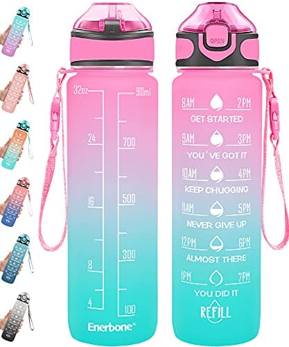 Enerbone 32 oz Motivational Drinking Water Bottle with Straw & Timer, Fitness Gym Outdoor — Pink-Green