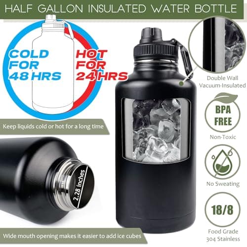 Half Gallon Insulated Water Bottle with Sleeve for Men's Sports Hiking