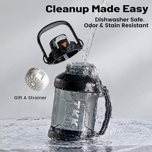 TKK Half Gallon BPA Free Tritan Water Jug with Straw Lid, Dishwasher Safe, Black