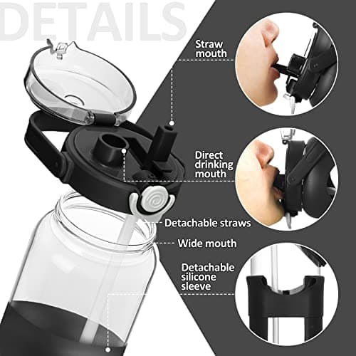 BLUEGO 64oz Glass Water Bottle with Straw & Time Marker, Black