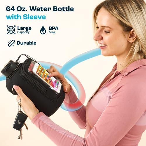 64 oz Water Bottle with Time Marker and Carrying Sleeve - BPA Free Gym Bottle for Exercise (Olive)