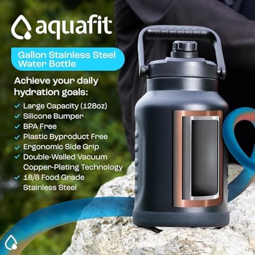 AQUAFIT 1 Gallon Insulated Water Bottle - BPA Free & Leak Proof - 128oz Stainless Steel Jug for Gym, Hiking, Camping & Travel (Military Green)  
AQUAFIT 1 Gallon Insulated Water Bottle (Cold for 48 Hrs) - 128oz Stainless Steel Jug for Gym, Hiking, Ca