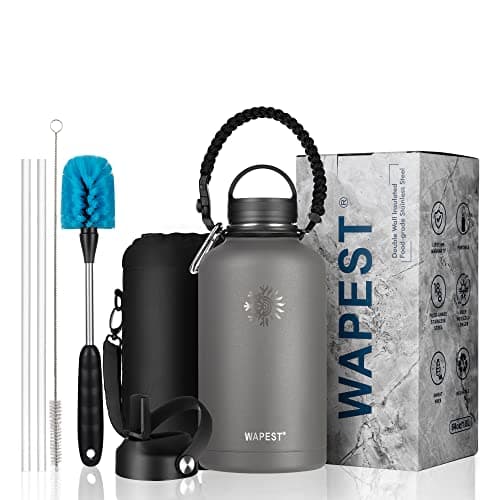 Black & Grey 128 oz Double Wall Stainless Steel Water Bottle with Paracord Handle & Brush, Carrying Pouch & 2 Lids - Gre — Graphite