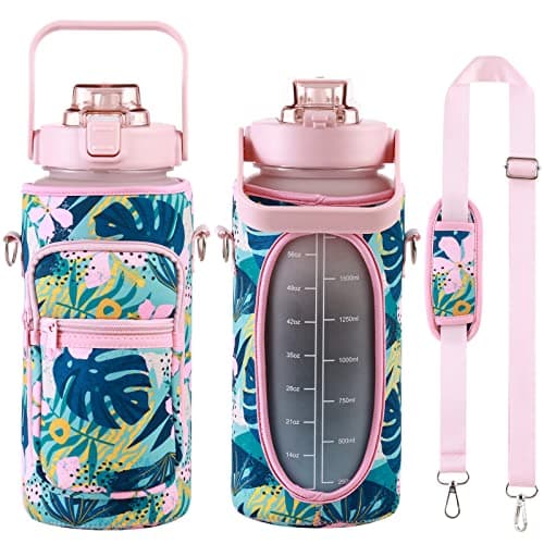 Motivational Straw Water Bottle, BPA Free, 64 Oz (Pink/Blue) — pink-blue/ Sleeve