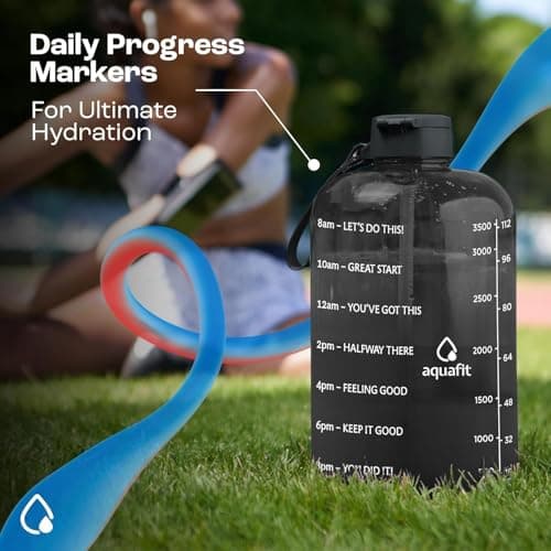 AQUAFIT 2 Pack - Half & Gallon Water Bottles with Time Markers - Straw & Chug Lid