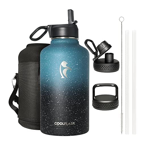 Coolflask Insulated Water Bottle, 64 oz Wide Mouth, Straw & 3 Lids, Keeps Cold 48H, Hot 24H, Samurai Cyan — Turquoise