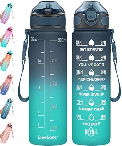 Enerbone 32 oz Motivational Drinking Water Bottle with Straw & Timer, Fitness Gym Outdoor — Navy Blue Green