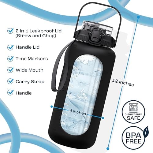 64 oz AQUAFIT Glass Water Bottle with Time Marker - Leakproof - Green