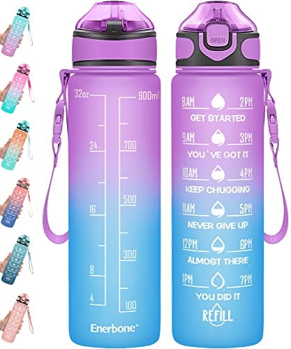 Enerbone 32 oz Motivational Drinking Water Bottle with Straw & Timer, Fitness Gym Outdoor — Purple Blue