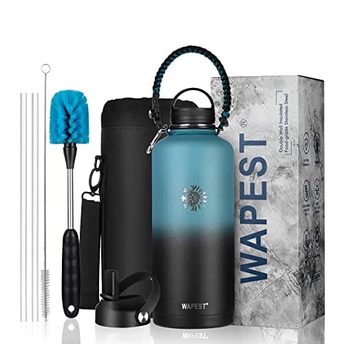 Black & Grey 128 oz Double Wall Stainless Steel Water Bottle with Paracord Handle & Brush, Carrying Pouch & 2 Lids - Gre — Dark Blue&Black