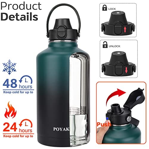 Insulated Stainless Steel Water Bottle, 32oz-128oz, Leak-Proof Straw Lid