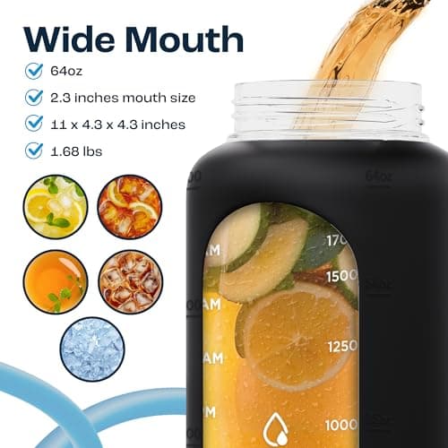 64 Oz Glass Water Bottle with Time Marker - Straw and Chug Lid - Half Gallon Bottle with Sleeve and Handle, Leakproof (Midnight Black)