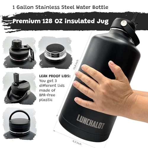 1 Gallon Insulated Stainless Steel Water Bottle - Carrying Bag - Keep Cold & Hot - Black Tactical Flask