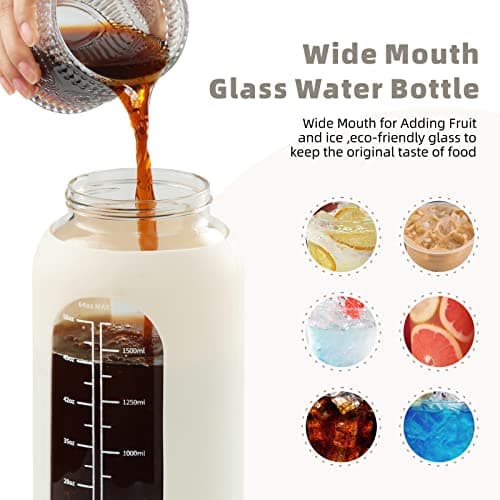 Sierozur 64oz Glass Water Bottle with Straw Lid & Handle Motivational Sleeve Workout Jug