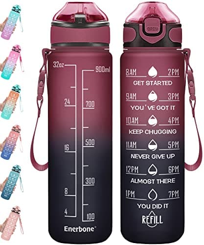 Enerbone 32 oz Motivational Drinking Water Bottle with Straw & Timer, Fitness Gym Outdoor — Red Blue