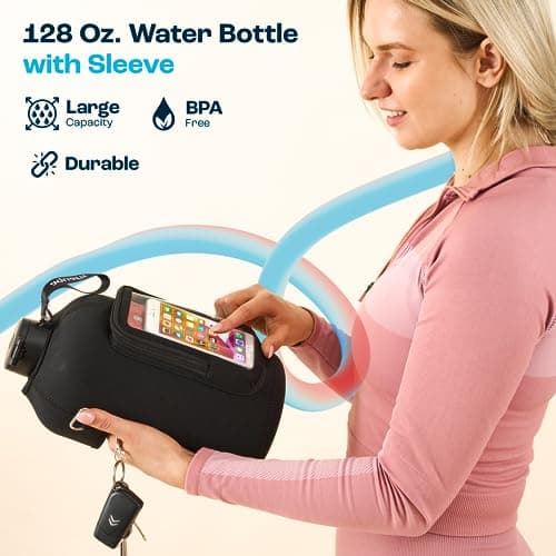 AQUAFIT 128oz Water Bottle with Time Marker and Carrying Sleeve - BPA Free Gym Bottle with Straw and Handle