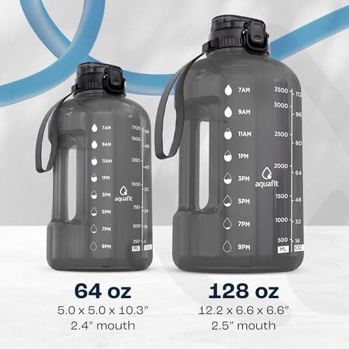 AQUAFIT Half Gallon Water Bottle With Time Marker - Straw & Chug Lid - Big Water Bottle With Straw - BPA Free Gym Water Bottle With Handle - Half Gallon Water Jug (64 oz - 2in1 Lid, Black) -> AQUAFIT Half Gallon Water Bottle with Time Marker and Hand