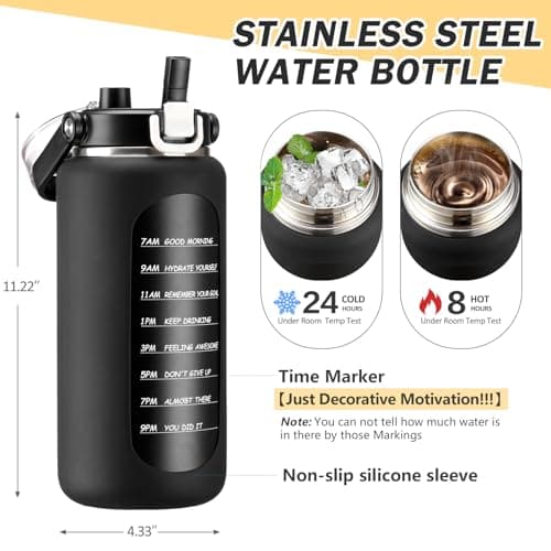 BLUEGO 64oz Insulated Water Bottle, Leakproof Straw Lid, Stainless Steel Gym Travel-Black