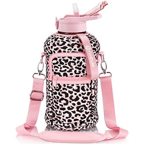 Fimibuke Half Gallon Leakproof Water Bottle with Handle & Straw — B1.Pink Leopard