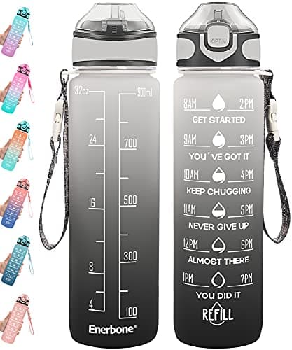Enerbone 32 oz Motivational Drinking Water Bottle with Straw & Timer, Fitness Gym Outdoor — Gray-Black