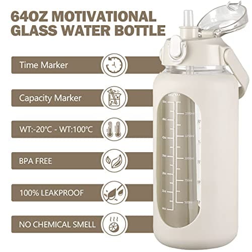 Motivational 64oz Glass Water Bottle with Straw, Silicone Sleeve & Time Marker, Leakproof White Jug for Gym, Home, Offic