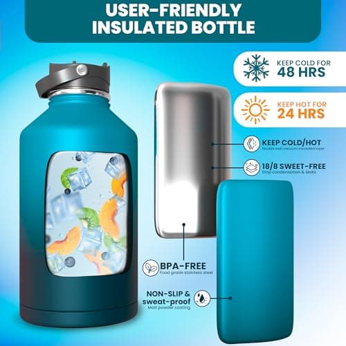 Large Insulated 1 Gallon Stainless Steel Water Bottle (Black)