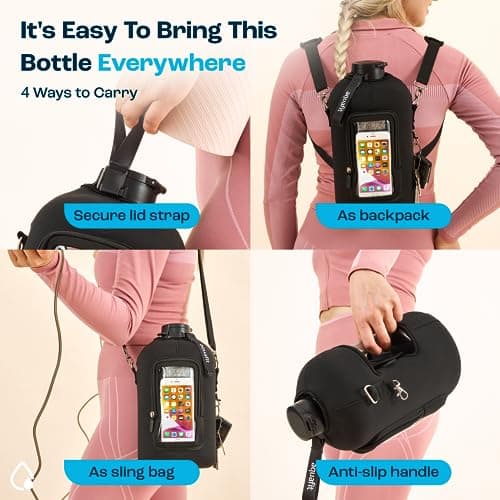 AQUAFIT 128oz Water Bottle with Time Marker and Carrying Sleeve - BPA Free Gym Bottle with Straw and Handle