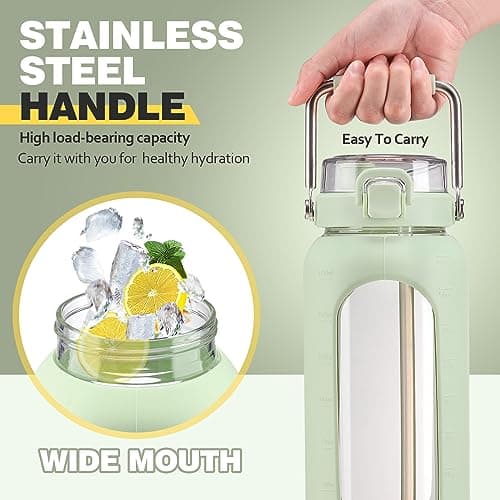 Motivational 64oz Glass Water Bottle with Straw and Stainless Handle