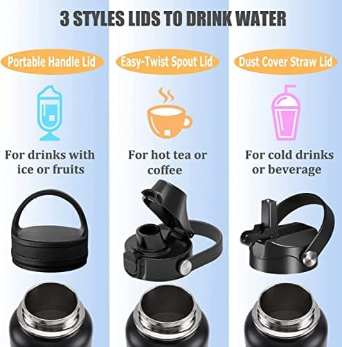 Insulated Stainless Steel Water Bottle, 32oz-128oz, Leak-Proof Straw Lid