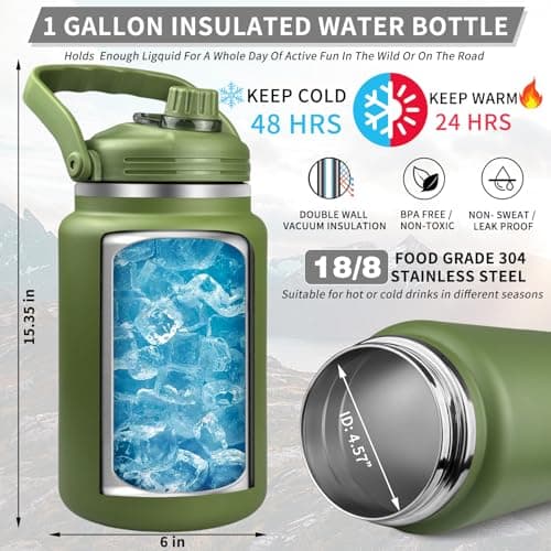 Military Style Insulated Stainless Steel 1 Gallon Water Bottle with Holder Bag