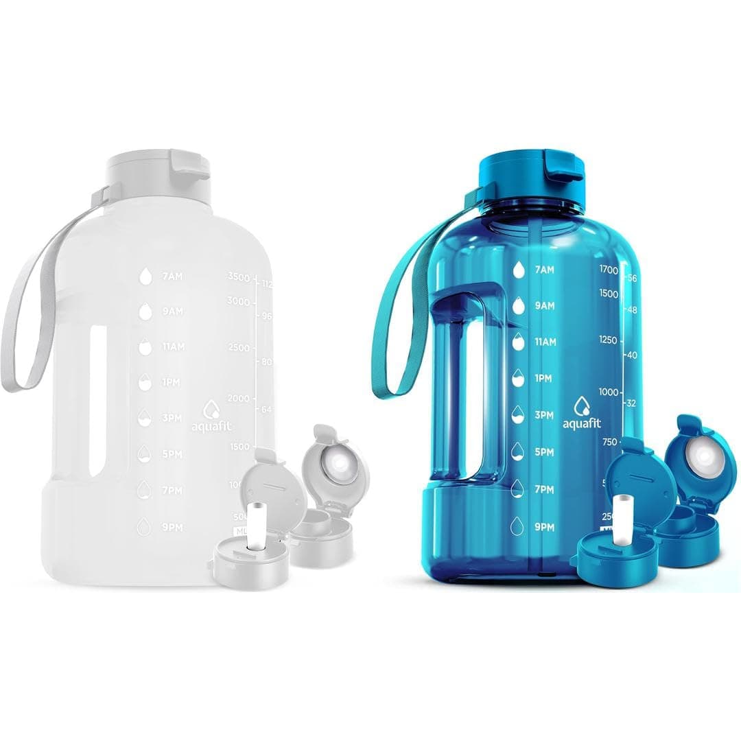 AQUAFIT 2 Pack - 1 Gallon Time Marker Water Bottle + 64 oz Straw Bottle - BPA Free Gym Bottles