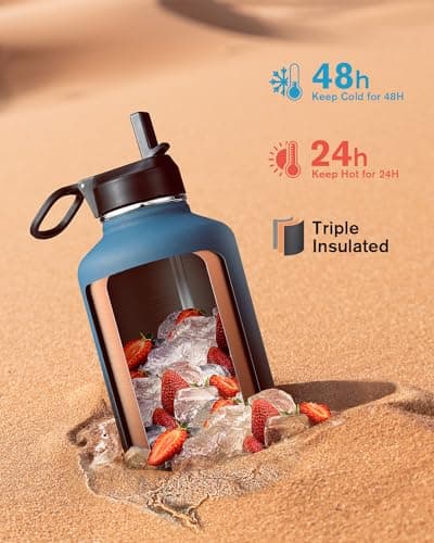 Coolflask Insulated Water Bottle, 64 oz Wide Mouth, Straw & 3 Lids, Keeps Cold 48H, Hot 24H, Samurai Cyan