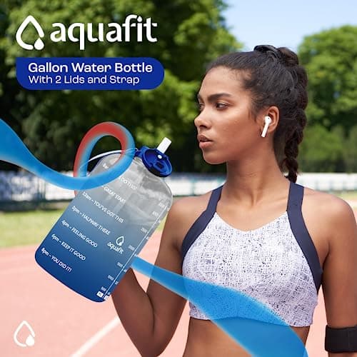 Gym Water Bottle with Time Markers, 2 Lids, Carry Strap and Neoprene Sleeve