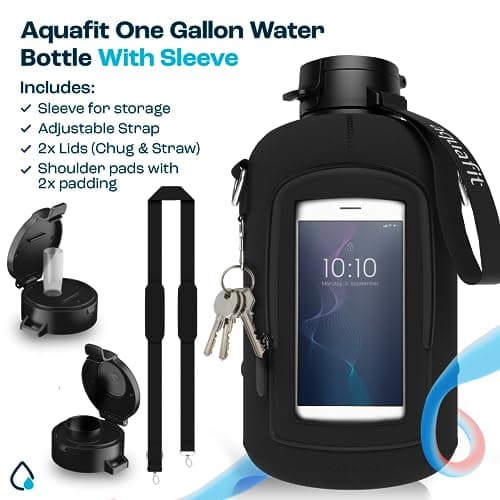 AQUAFIT 128oz Water Bottle with Time Marker and Carrying Sleeve - BPA Free Gym Bottle with Straw and Handle