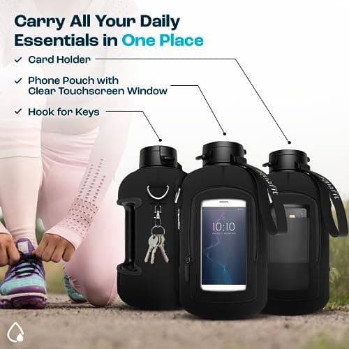 AQUAFIT 128oz Water Bottle with Time Marker and Carrying Sleeve - BPA Free Gym Bottle with Straw and Handle
