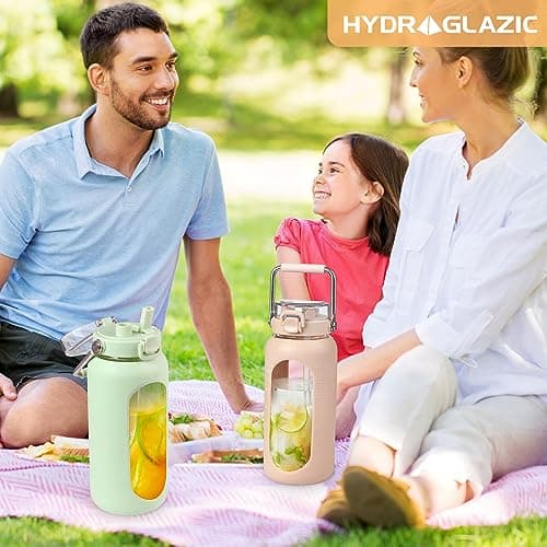 Motivational 64oz Glass Water Bottle with Straw and Stainless Handle