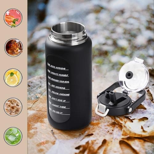BLUEGO 64oz Insulated Water Bottle, Leakproof Straw Lid, Stainless Steel Gym Travel-Black