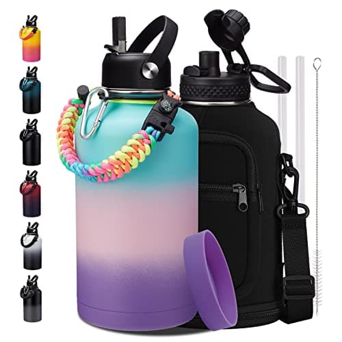 Thermo Mug Water Bottle with Straw & Auto Spout, Paracord Handle & Strap Carrier — Hydrangea