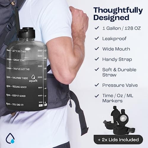 AQUAFIT 1 Gallon Water Bottle with Time Marker and 2 Lids - BPA Free Gym Water Jug