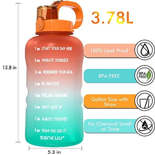 SANKUU Large 1 Gallon Leakproof Water Jug with Time Marker & Straw