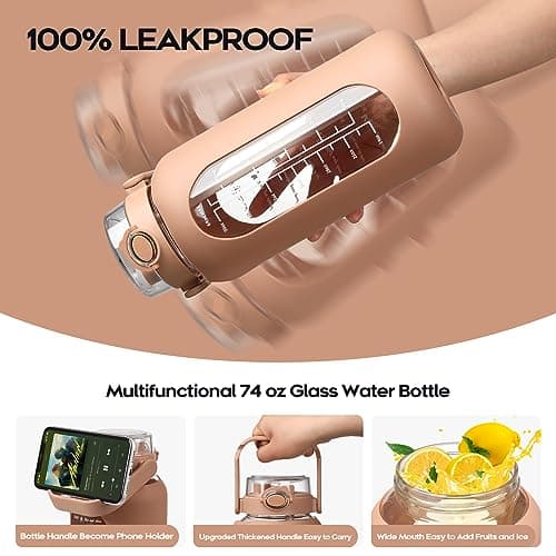 Large Motivational Water Bottle with Time Marker and Silicone Sleeve 2.2L Gym Workout