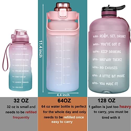 Motivational Straw Water Bottle, BPA Free, 64 Oz (Pink/Blue)