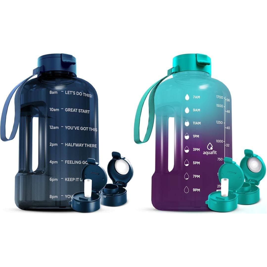 AQUAFIT 2 Pack - 1 Gallon and 64 oz Water Bottles with Time Marker and Straw - BPA Free Gym Hydration Bottles