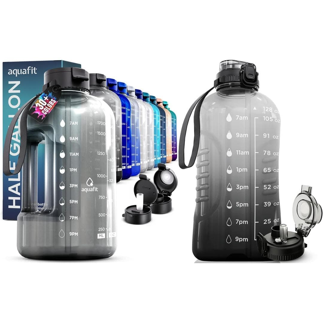 AQUAFIT 128 oz Water Bottle with Time Marker - Straw & Chug Lid - Half Gallon