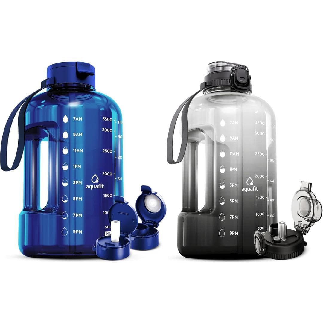 2 Pack AQUAFIT 1-Gallon Water Bottles with Time Marker and Straw - BPA-Free Gym Jug