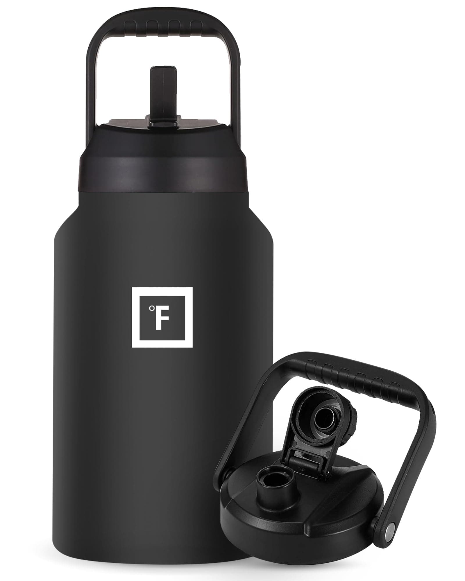IRON °FLASK 2 Lids Gallon Water Bottle - Leak Proof, Vacuum Insulated, 128 Oz - Midnight Black