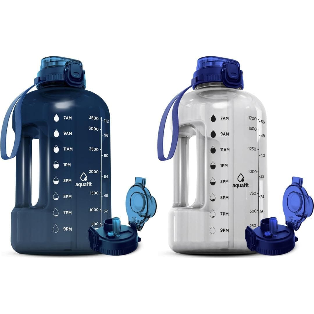 AQUAFIT 2-Pack Water Bottles, Half & Gallon, Time Markers, Straw Lid